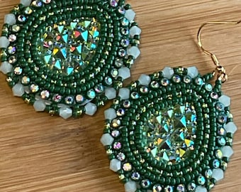 Teardrop Bead Embroidered Earrings – Green Rhinestone, Bi-cone Edge, Gold Hooks