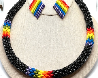 Handmade Rainbow Beaded Jewelry Set: Superduo Necklace & Earrings