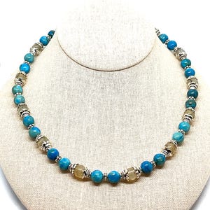 Handmade Apatite & Rutilated Quartz Gemstones, Necklace with Silver Accents, Boho Chic Jewelry, Unique Gift for Her.