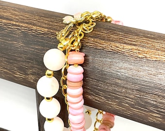 Pink Opal and Rose Quartz Bracelet: 3 strand with  Flower Charm