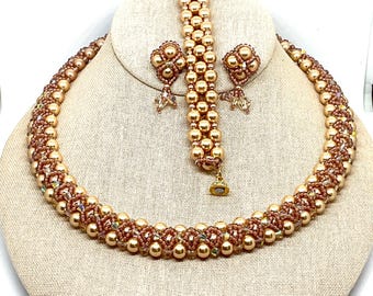 Handcrafted Swarovski Pearl Jewelry Set: Champagne Crystal Necklace, Bracelet, Earrings