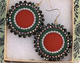 Handmade Beaded Earrings - Matte Terracotta - Rhinestone-Bead embroidery - French hook