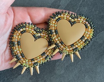 Large Camo Rhinestone Heart Statement Earrings: Festival Costume Jewelry - bead embroidery