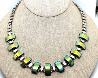 Handmade Dichroic Glass Bead Necklace: Iridescent Blue Rectangular Beads, Silver Accents