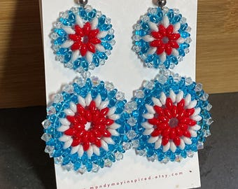 Handmade Red White and Blue Beaded Statement Earrings -