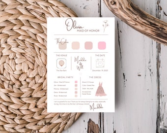 Bridesmaid Info Card Template, Bridal Party Info Card, Bridesmaid Information Card, Modern Minimalist Bridesmaid Infographic