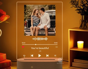 Custom Music LED Night Light Best Gifts for Her, Minimalist Home Decor, Music Photo Plaque Engagement Gift, Personalized Valentines Gifts