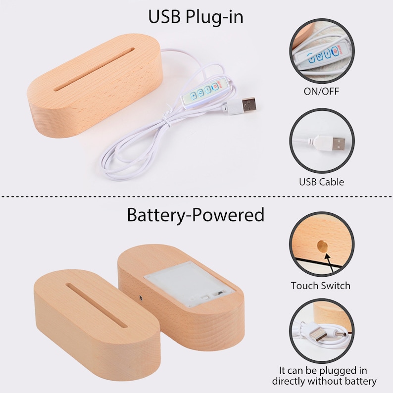 Puede incluir: Una base de madera con una tira de luz en el interior. La base puede ser alimentada por USB o bater&iacute;as. La versi&oacute;n USB tiene un interruptor con cinco botones. La versi&oacute;n de bater&iacute;a tiene un interruptor t&aacute;ctil en el lateral.