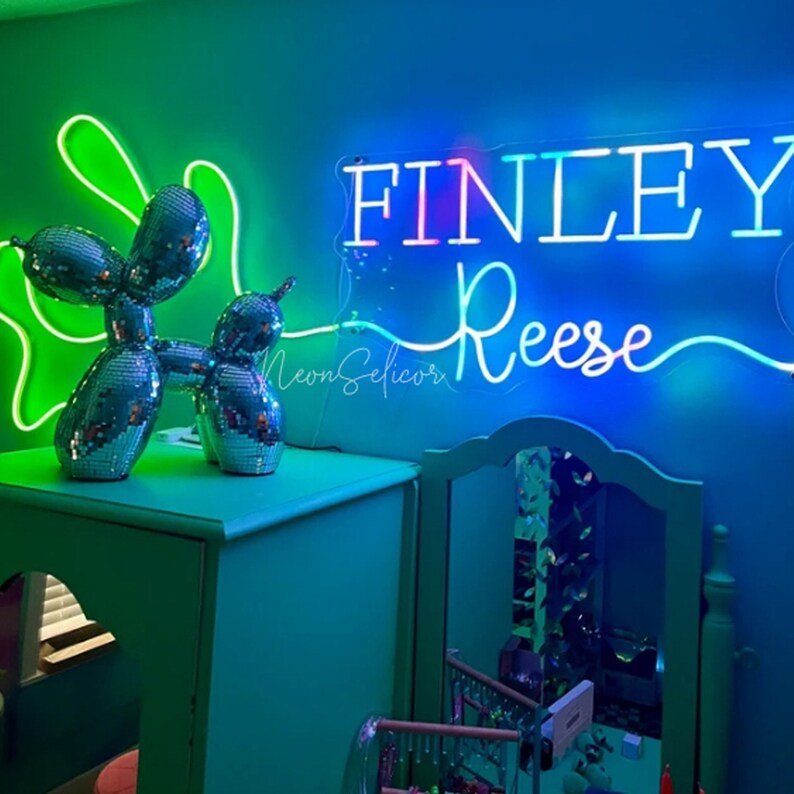 Puede incluir: Una pared verde con un letrero de ne&oacute;n que dice "Finley Reese" en letras blancas. El letrero est&aacute; iluminado en azul y rosa. Hay un perro de globo disco plateado frente al letrero.