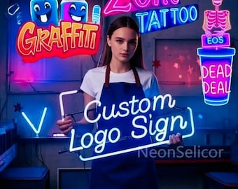 May include: A woman holds a neon sign that says "Custom Logo Sign" in blue. Other neon signs in the background include "Zone Tattoo", "Graffiti", "Dead Deal", and "Eos".