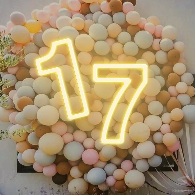Pu&ograve; includere: Un grande numero "17" fatto di luci al neon &egrave; mostrato su uno sfondo di centinaia di palloncini color pastello.