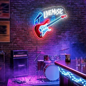 May include: A neon sign displaying "LIVE MUSIC" above a red guitar and microphone, set against a brick wall. A drum kit, amplifier, and bar are in the foreground, lit with purple and blue hues.