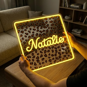 Custom Name Animal Print Square Neon Sign, Personalized Leopard Zebra LED Light for Bedroom, Vanity, Dorm, Wild Glow Art