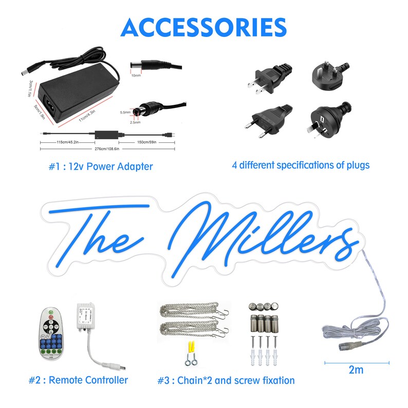 Puede incluir: Un letrero de ne&oacute;n que dice "The Millers" en escritura azul. El letrero viene con un control remoto, dos cadenas, tornillos, un adaptador de corriente con cuatro tipos de enchufes diferentes y un cable de 2 metros.