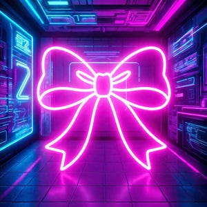 May include: A neon pink bow in a futuristic setting. The bow is the focal point, glowing brightly against a backdrop of blue and purple neon lights. The walls and floor have a grid-like pattern, enhancing the sci-fi aesthetic.