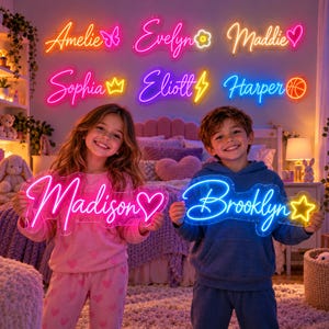 Puede incluir: Letreros de neón personalizados con nombres e iconos: Amelie con mariposa, Evelyn con flor, Maddie con corazón, Sophia con corona, Eliott con rayo, Harper con balón de baloncesto, Madison con corazón y Brooklyn con estrella.