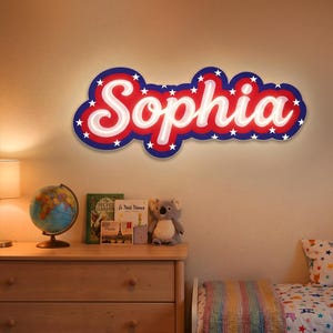 Caja de luz con nombre personalizado para decoración del 4 de julio, luz nocturna infantil personalizada para el Día de la Independencia, letrero LED con nombre estilo bandera estadounidense para guardería.