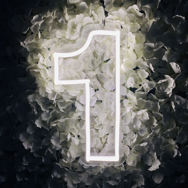 Pu&ograve; includere: Un cartello al neon bianco a forma di numero uno, su uno sfondo di petali di fiori bianchi.