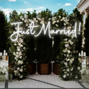 Peut inclure: Une arche de mariage avec les mots "Just Married!" en néon blanc. L'arche est décorée de fleurs blanches et de verdure, sur fond de ciel bleu. L'arche est encadrée de grandes plantes vert foncé dans des jardinières en bois.