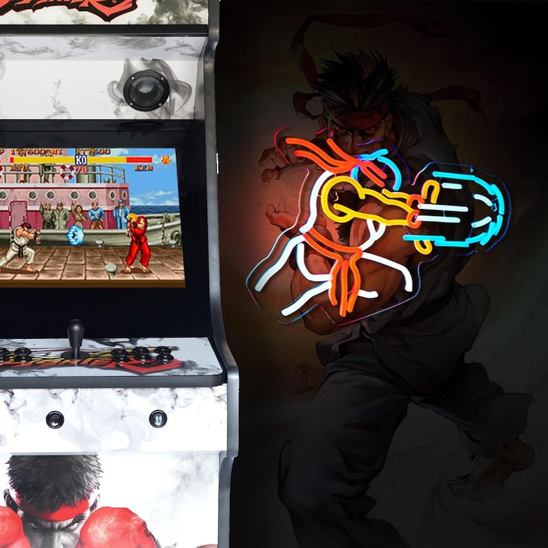 May include: A Street Fighter arcade cabinet featuring a white marble-patterned exterior with a screen displaying a fighting game match. Beside it, a neon light sign depicts a character performing a glowing orange and blue punch attack.