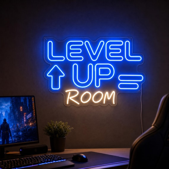 Custom LED neon "Level Up" sign that actually transforms a boring wall into a gamer's command center — personalized text makes it feel one-of-a-kind.