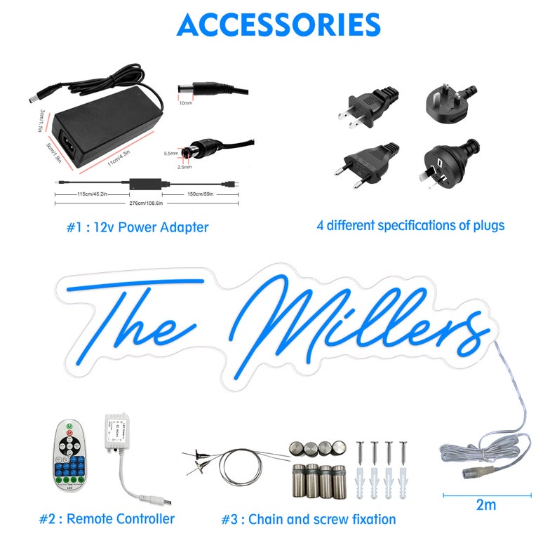 May include: A neon sign with the text "The Millers" in blue script. The sign comes with a remote control, a power adapter, a chain, screws, and a 2-metre cord.