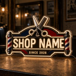 Anpassat barberarsalongsnamn UV-tryckt LED-neonskylt, personlig barberarstångsväggdekor, saxkam man cave presentlampa för spegelvägg