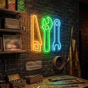 Custom Garage Tool Neon Sign, Mechanic Wrench LED Light, Workshop Wall Decor for Man Cave, Tool Lover Gift, Style Options A‑K Available