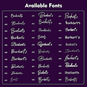 Puede incluir: Un fondo morado con texto blanco que muestra 30 estilos de fuente diferentes para el nombre "Burkart's". Cada estilo de fuente est&aacute; numerado del 01 al 30.