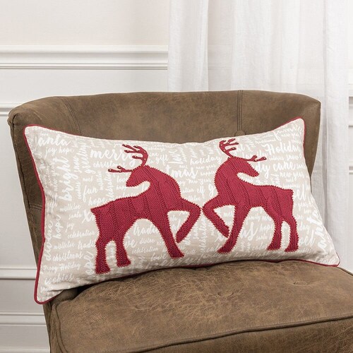 Cream and Red Christmas shops Deer Lumbar Throw Pillow