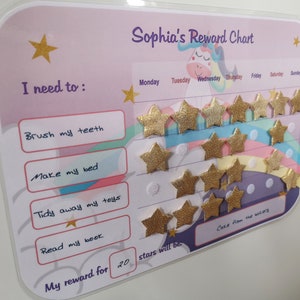 Personalised Unicorn reward chart/stickers/Unicorn gift/chore chart.  Reusable with 28 handmade reward stars/whiteboard pen/magnet.