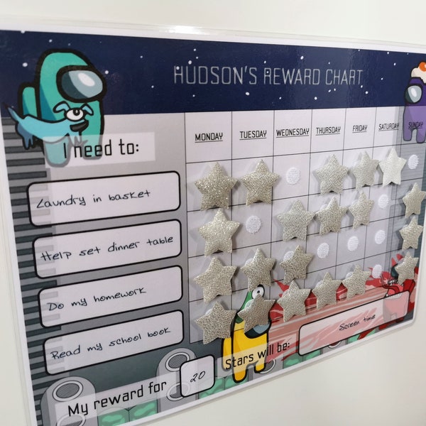 Personalised Among us reward chart/stickers/Among us gift/chore chart.  Reusable with 28 reward stars/whiteboard pen/magnet.