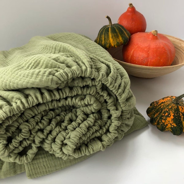 Bedroom decor aesthetic Muslin Fitted Sheet Home decor gauze bedding Boho bedding Bohemian Natural organic sage green bed linen Sheet Olive