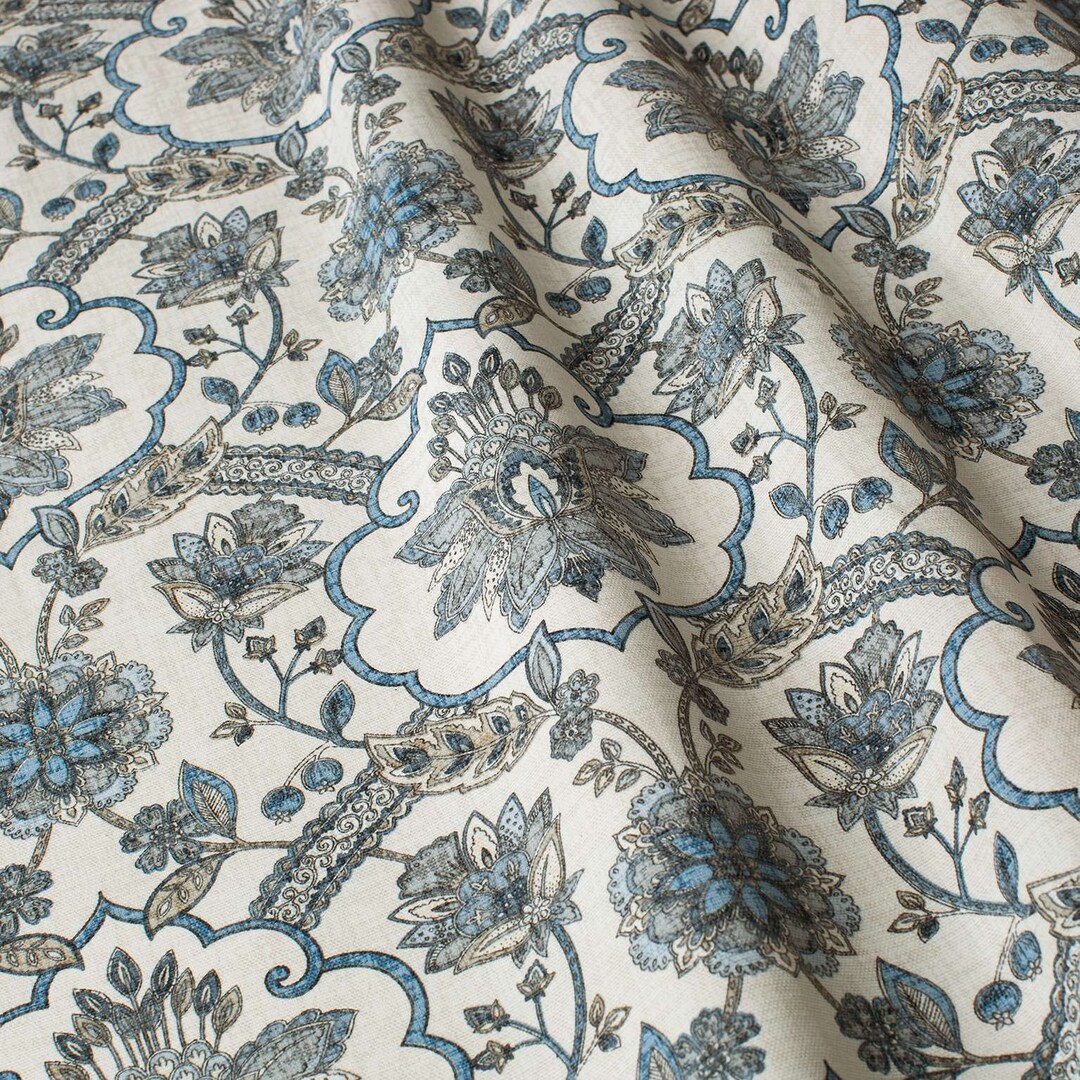 Fabric by the Yard. Floral Blue Monogram. Upholstery. Waterproof Fabric ...