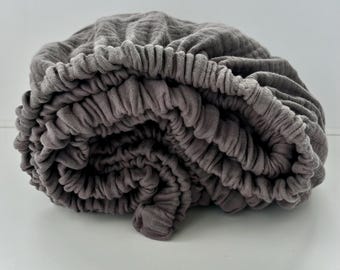 Cozy Muslin Fitted Sheet for Sweet Dreams Bed sheets. Boho. Dark gray. Bohemian bedding. Natural organic. Bed linen. Sheet with an elastic.