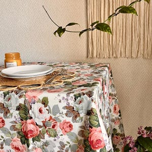 Waterproof tablecloth with floral print. Cottagecore decor. Table setting. Teflon Outdoor tablecloth Oilcloth tablecloth with roses.