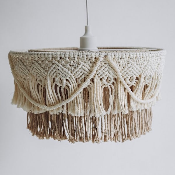 Abat-jour en macramé pour plafond en macramé crème avec perles Abat-jour tissé blanc et beige naturels Décoration d'intérieur Maison et art de vivre