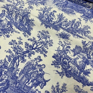 May include: Blue and white toile fabric with a repeating pattern of people and trees. The fabric has a vintage look and feel.