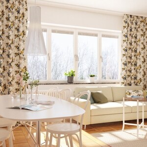 Curtains. The curtains are made of waterproof fabric that holds its shape well.  Decor. Gray and beige little roses . Shabby chic curtains.