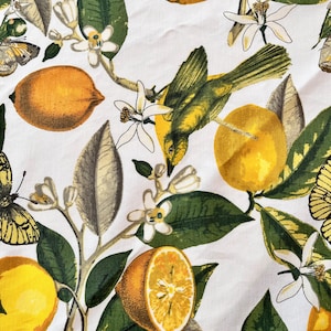Waterproof tablecloth with lemons and birds. Lemons Table setting. Water-repellent effect retains liquids on the surface.Oilcloth tablecloth
