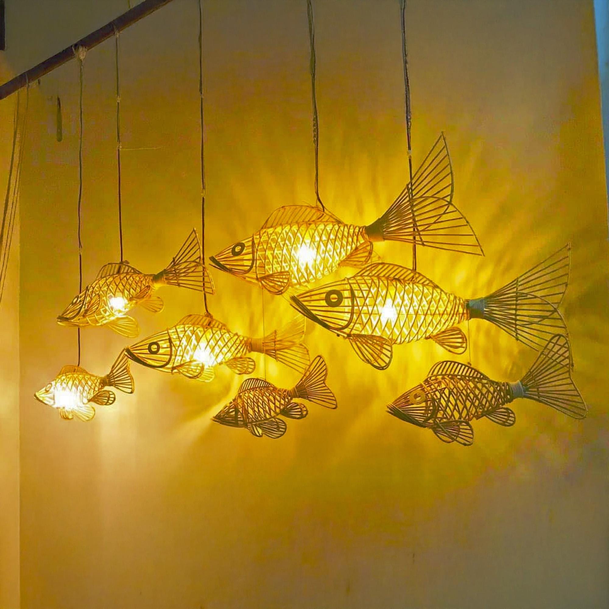 Rattan fish pendant light wicker hanging bamboo lamp woven fish ceiling light chandelier rustic decorative lamp
