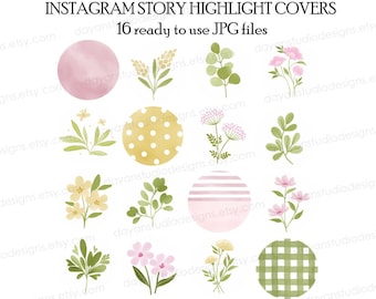 Op de afbeelding: Set van 16 aquarelbloemen en geometrische Instagram-story-highlight-covers. De covers zijn in de kleuren roze, geel, groen en wit. De covers zijn perfect om een vleugje whimsy aan je Instagram-verhalen toe te voegen.