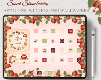 Strawberry Icons for iOS and Android, Cute Strawberries Aesthetic App Icons for iPad Home Screen, Pink and Green Tone, Floral coquette icons