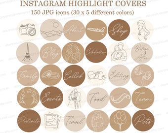 Könnte beinhalten: Ein Set mit 30 Instagram-Highlight-Covern mit verschiedenen Line-Art-Illustrationen. Die Cover sind in fünf verschiedenen Farben gehalten: Beige, Braun, Hellbraun, Dunkelbraun und Weiß. Die Illustrationen umfassen eine Kamera, den Eiffelturm, einen Blog, eine Feier, Familie, Ringe, Kollaboration, Bearbeitung, Events, ein Hochzeitspaar, Essen, Filmrolle, Team, Porträts, Reisen, ein Paar, Ballons und Haustiere.