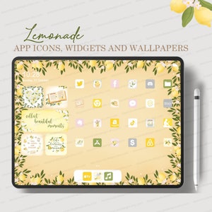 May include: A digital tablet screen with a yellow background and a border of green leaves and lemons. The screen displays a collection of app icons, widgets, and wallpapers with a lemonade theme. The text "Lemonade" is at the top of the screen, and the text "APP ICONS, WIDGETS AND WALLPAPERS" is below it.