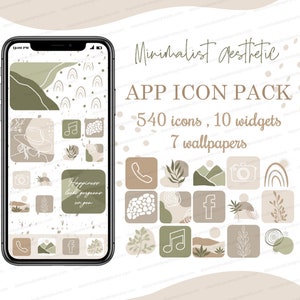 Pode incluir: Uma maquete de tela de telefone mostrando um conjunto de 540 ícones de aplicativos estéticos minimalistas, 10 widgets e 7 papéis de parede. Os ícones apresentam uma paleta de cores neutras bege, marrom e verde com desenhos de linhas simples de elementos inspirados na natureza, como folhas, montanhas e arco-íris.