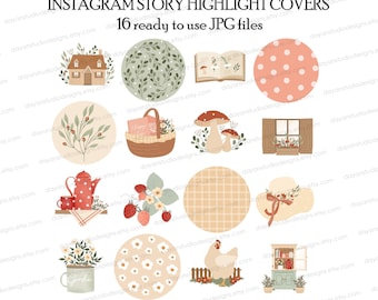 Cottagecore Instagram Highlight Covers, Minimalist Highlight Icons, Cream, Beige ,Green Colors Hand Drawn Spring Lifestyle Story Highlights