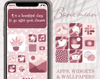 Boho Pink iOS App Icons - Unique Home Screen Customization Pack, iPhone Widgets & Wallpapers, Hand Drawn icons, Summer Home Screen Icons