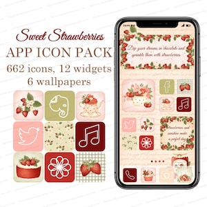 May include: A phone screen displaying a set of 662 app icons, 12 widgets, and 6 wallpapers with a strawberry theme. The icons feature a variety of designs, including strawberries, flowers, and a teapot. The text "Sweet Strawberries APP ICON PACK" is displayed at the top of the screen.