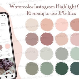May include: A set of 16 watercolour Instagram highlight covers in various shades of pink, brown, green, and grey. The covers are in a circular shape with a rough, textured edge. The image shows a phone screen with a mock-up of an Instagram profile.
